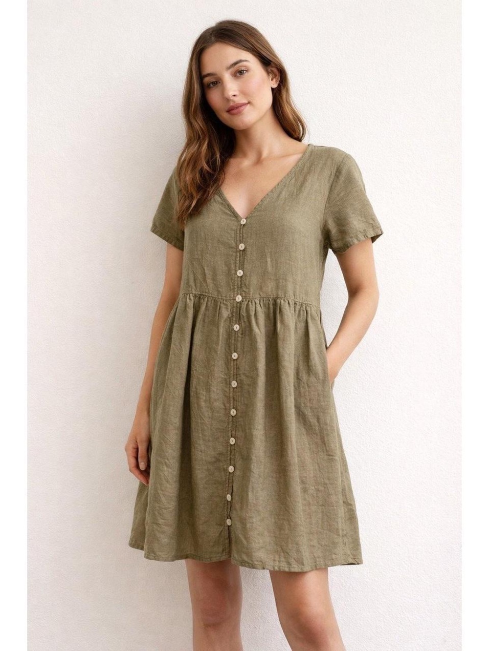 Madewell Linen blend Alexandra mini babydoll dress in Olive/taupe size M